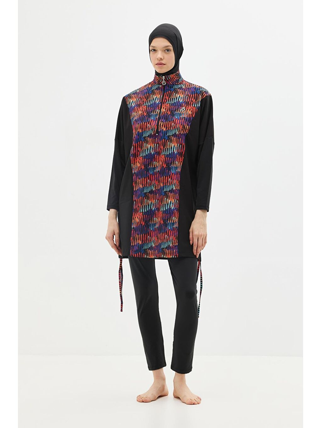 Desenli Rahat Kesim 4'Lü Tesettür Mayo 6052 Siyah-10