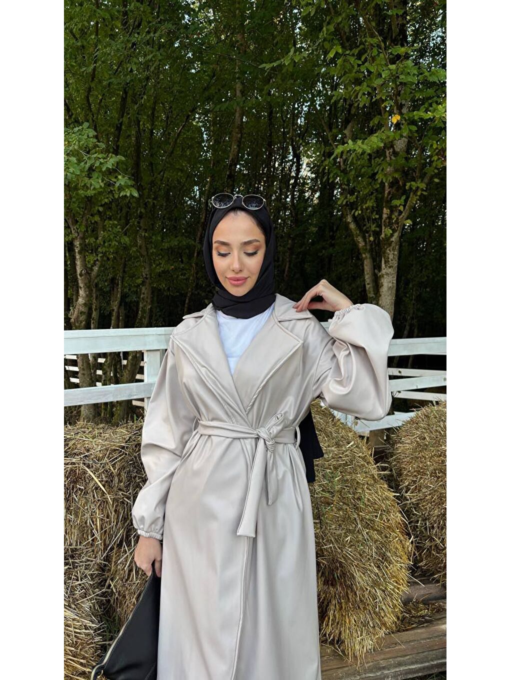 Gri Kadın Belden Bağlamalı Balon Kol Deri Trenç-2