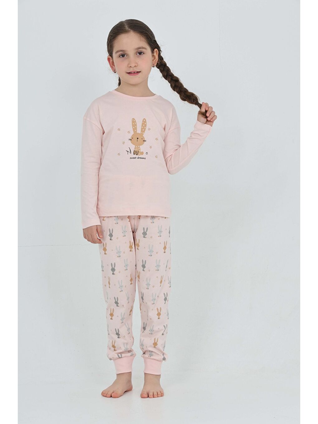 Pembe Kız Çocuk Tavşan Baskılı Pijama Takım-1