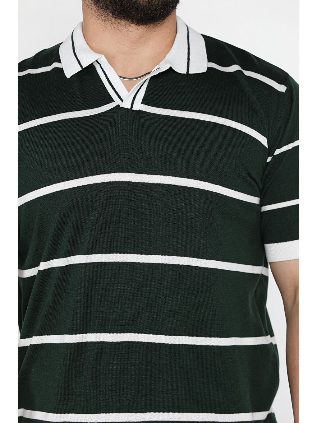 Yeşil Erkek Polo Yaka Çizgi Desenli Triko Tişört-3