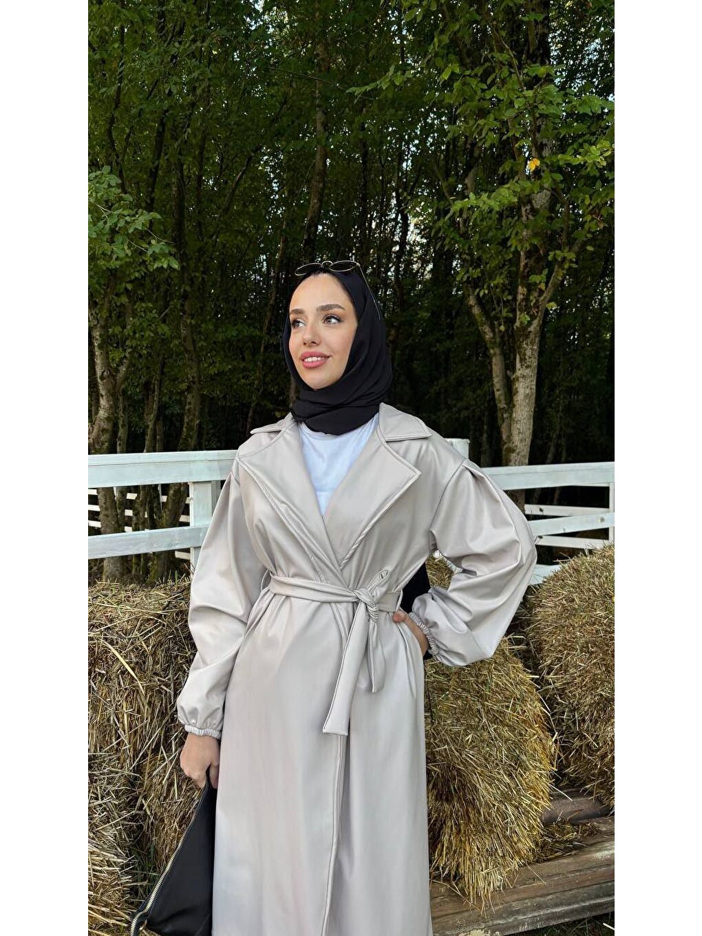 Gri Kadın Belden Bağlamalı Balon Kol Deri Trenç-3