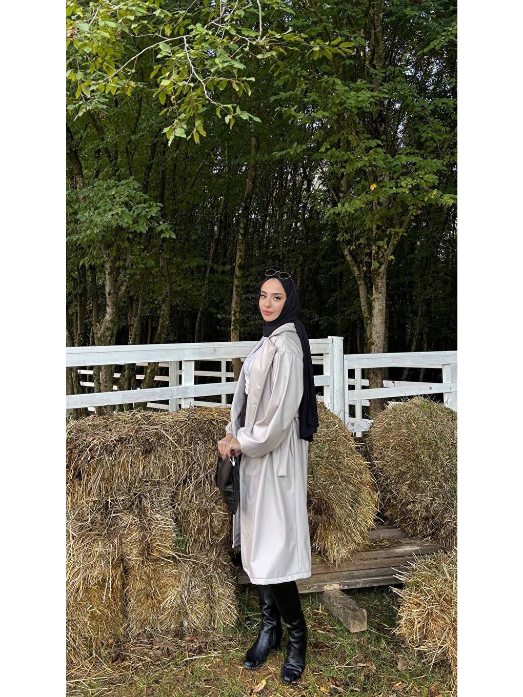 Gri Kadın Belden Bağlamalı Balon Kol Deri Trenç-4