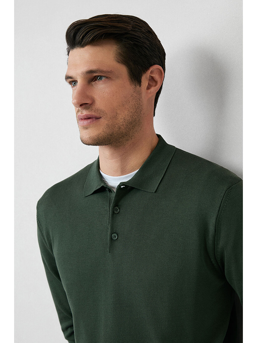 Haki Regular Fit Düğmeli Polo Yaka Triko Kazak-4