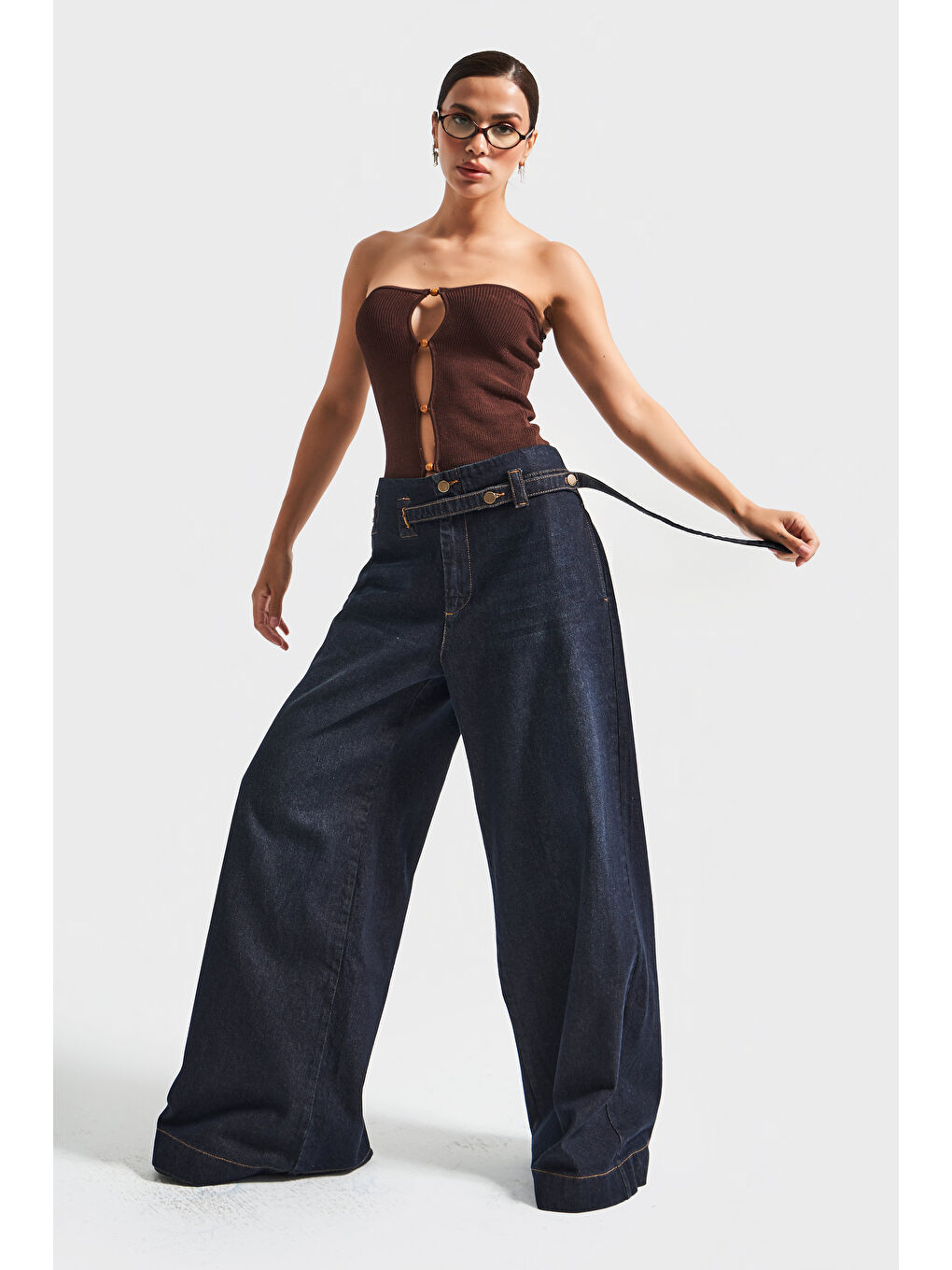 Beyaz Kadın Koyu Jean Rengi 2w5-128 Süper Palazzo Fit %100 Pamuk Kemer Detaylı İç Boy 83cm Denim Jean