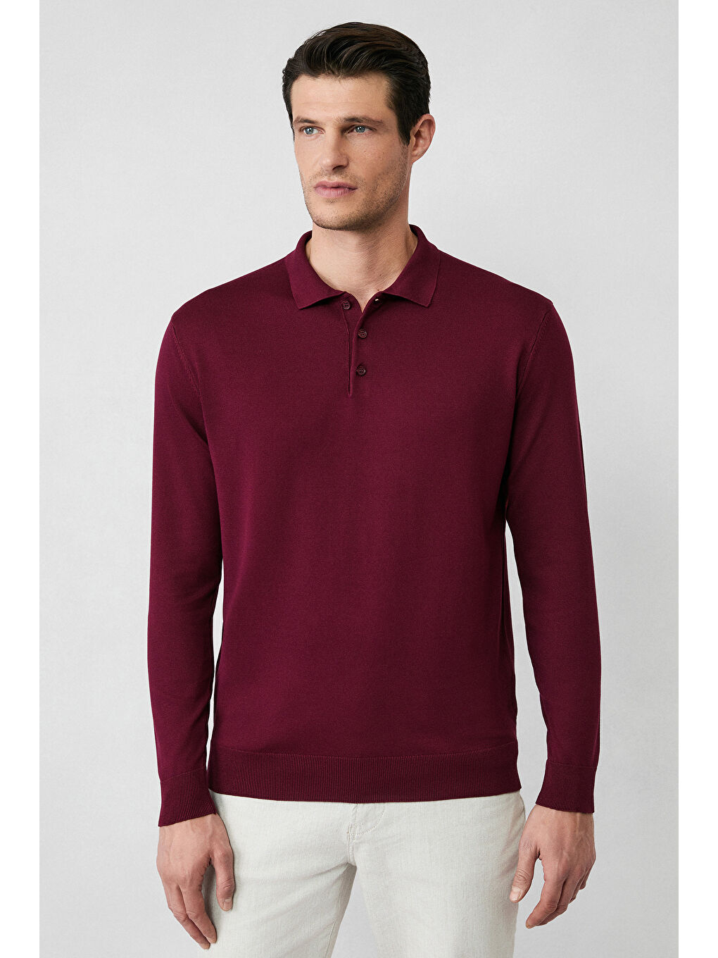 Bordo Regular Fit Düğmeli Polo Yaka Triko Kazak-3