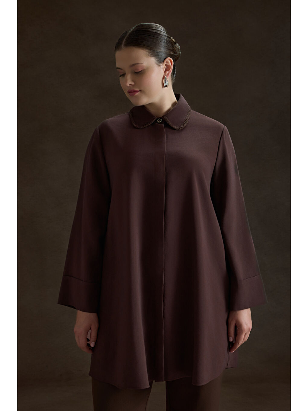 Kahverengi Çoban Dikişli Modal Tunik-2