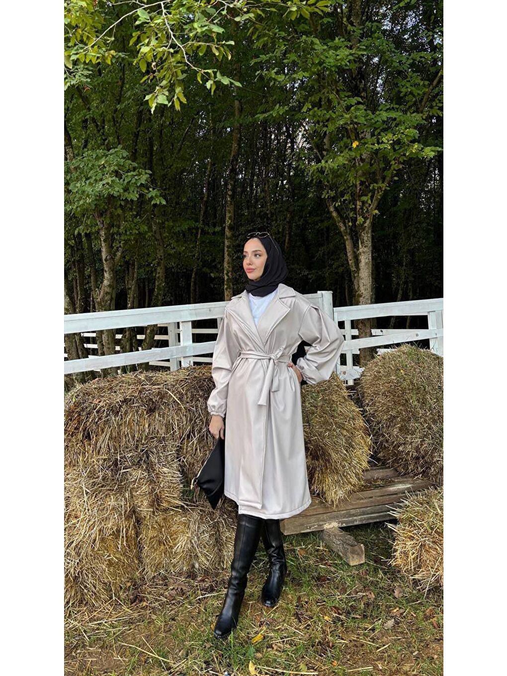 Gri Kadın Belden Bağlamalı Balon Kol Deri Trenç-6