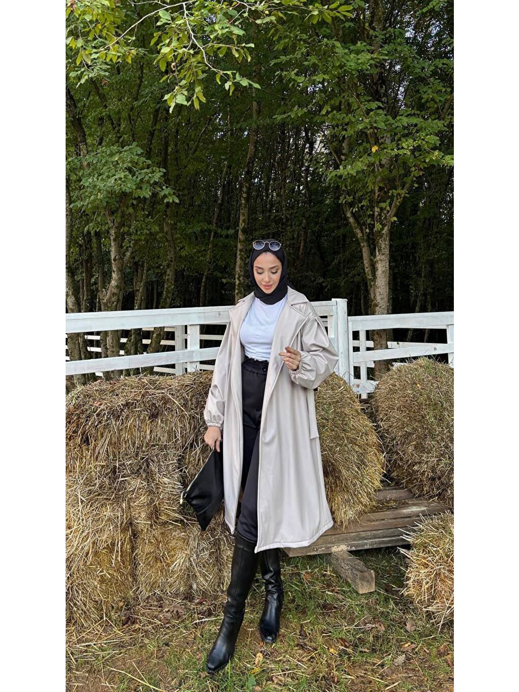 Gri Kadın Belden Bağlamalı Balon Kol Deri Trenç-7