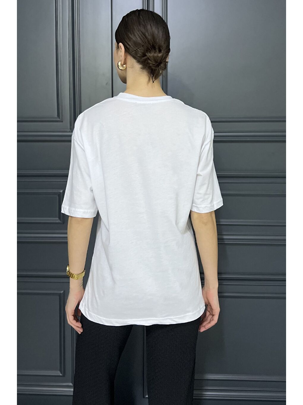 Beyaz Kadın Bisiklet Yaka Los Angeles Baskılı Salaş Tişört-2