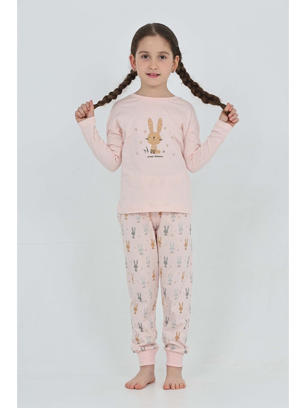 Pembe Kız Çocuk Tavşan Baskılı Pijama Takım-2