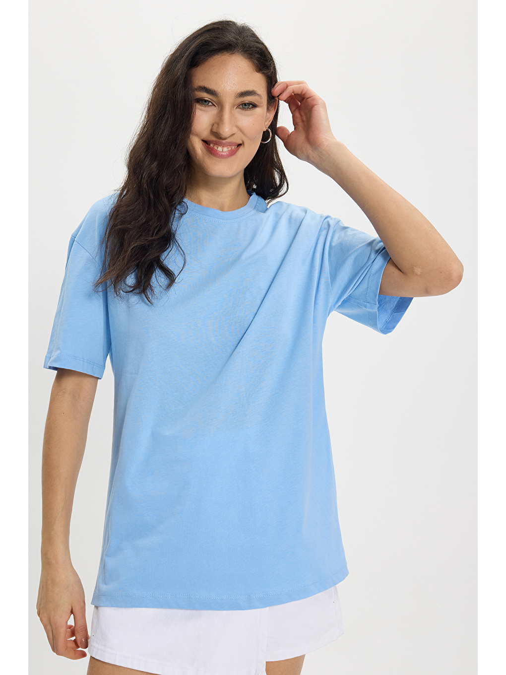 Kadın Slim Fit Dar Kesim %100 Pamuk Kısa Kollu Bisiklet Yaka Mavi Tişört-6