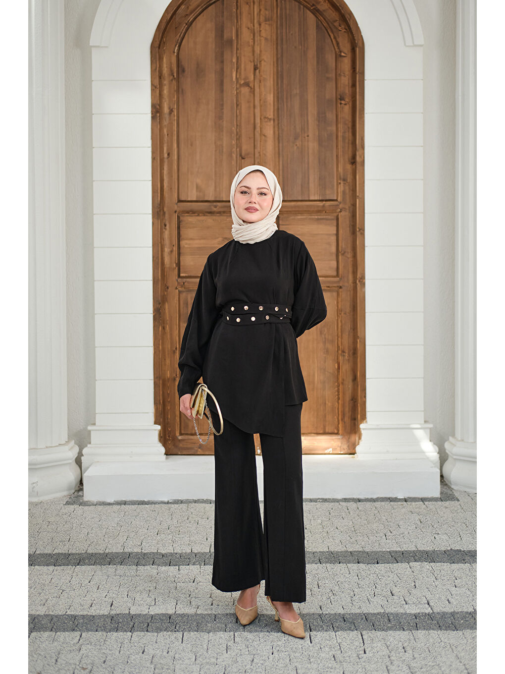 Kadın Gold Çıtçıt Kemerli Pantolonlu Takım Siyah-1