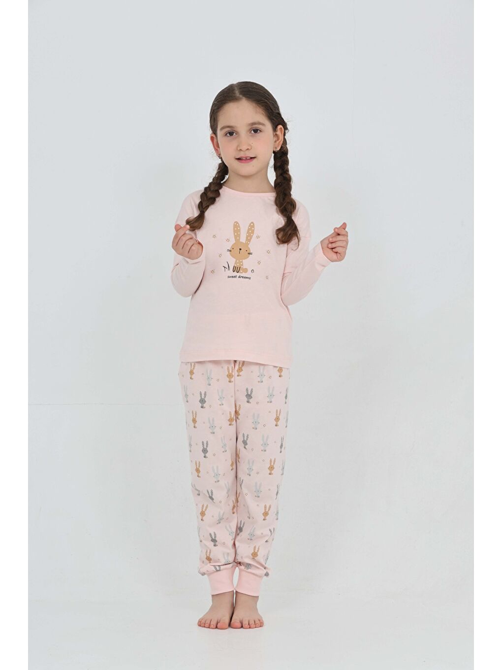 Pembe Kız Çocuk Tavşan Baskılı Pijama Takım-3