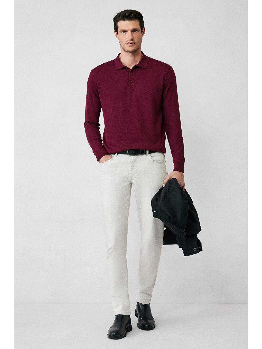 Bordo Regular Fit Düğmeli Polo Yaka Triko Kazak-4