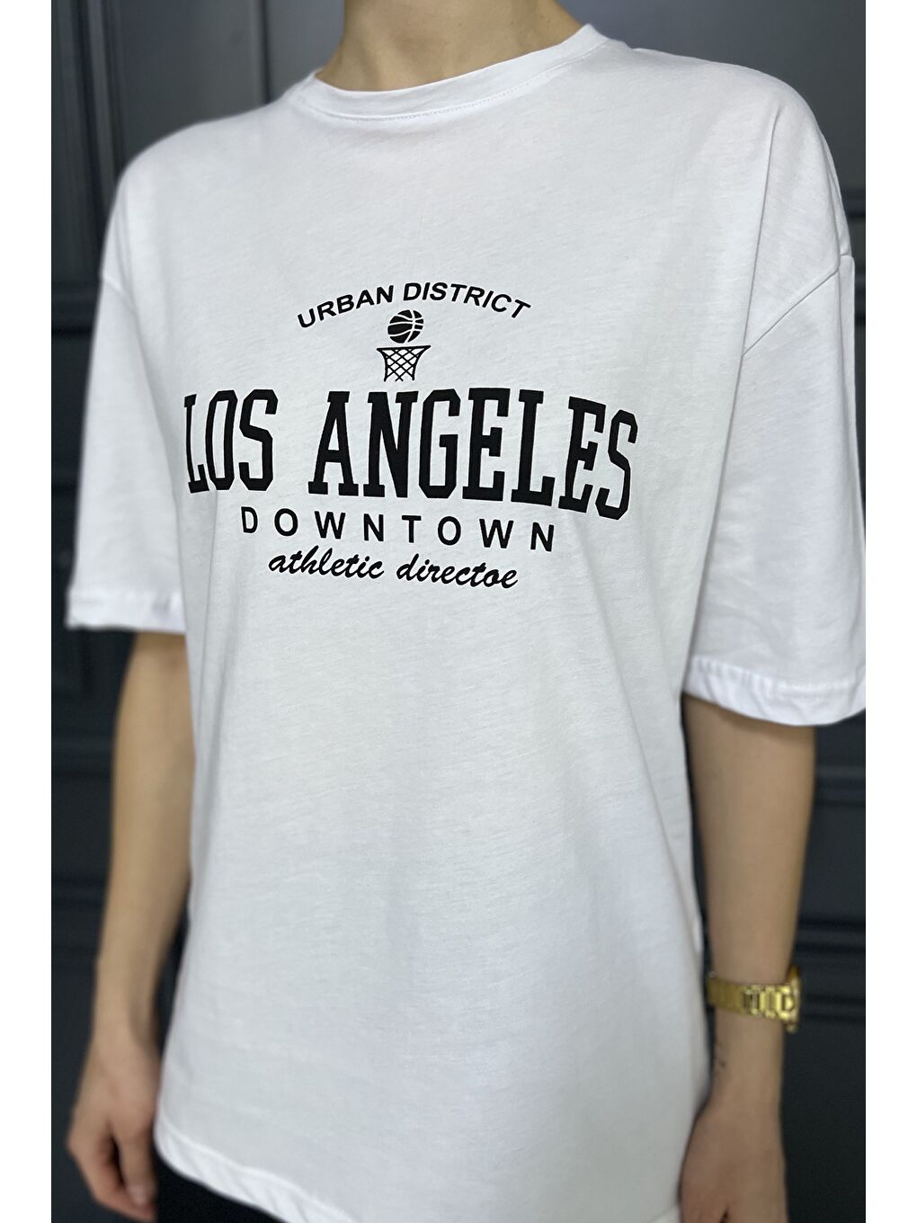 Beyaz Kadın Bisiklet Yaka Los Angeles Baskılı Salaş Tişört-3