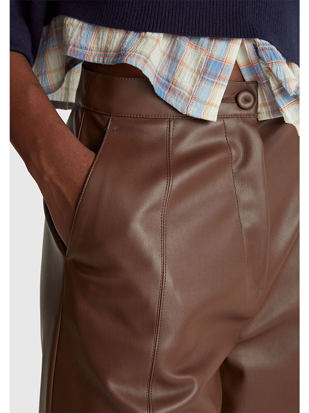 Karışık Kadın Suni Deri Geniş Paça 3/4 Boy Pantolon-5