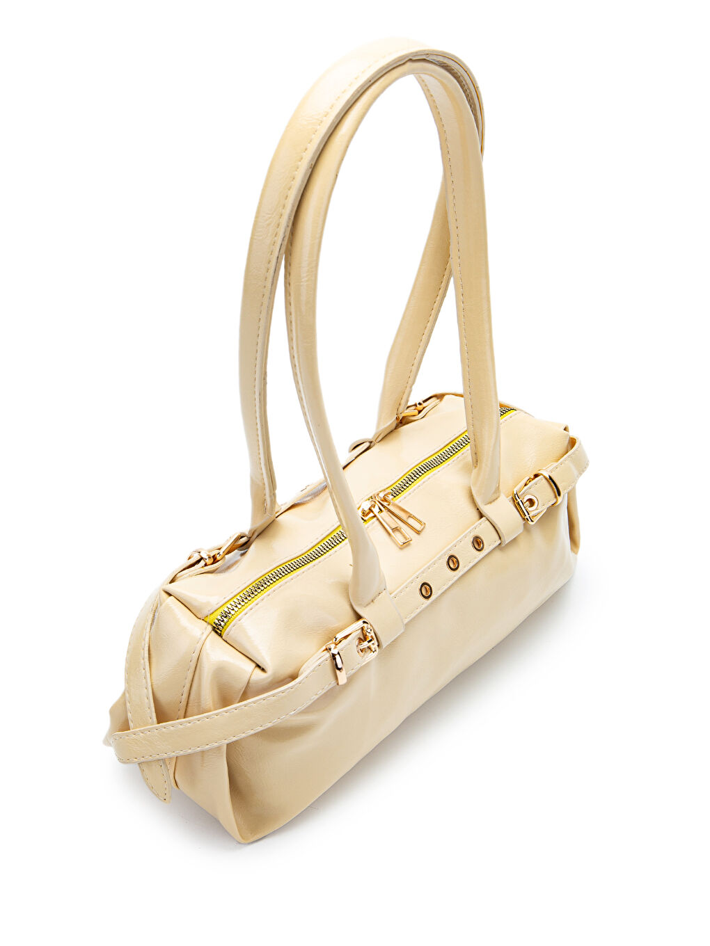 Kemer Detaylı Rugan Suni Deri Omuz Çanta Anfora Tereyağ Sarısı-1