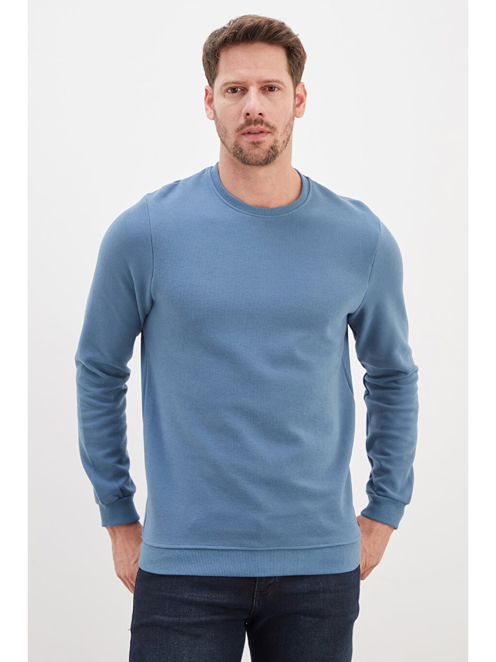Mavi Fitilli Bisiklet Yaka Selanik Örgü Sweatshirt
