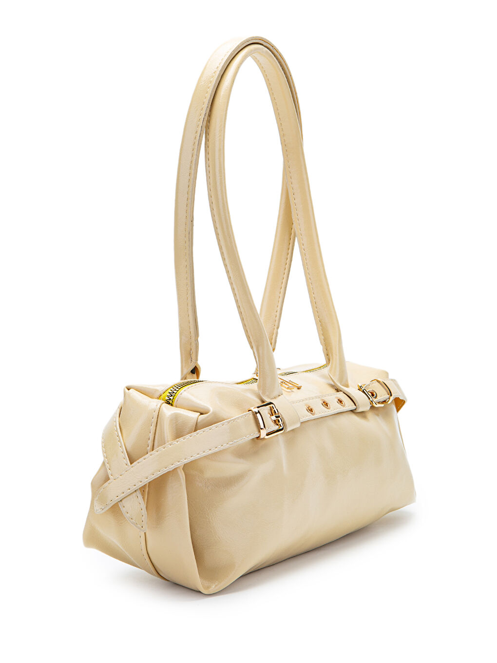 Kemer Detaylı Rugan Suni Deri Omuz Çanta Anfora Tereyağ Sarısı-2