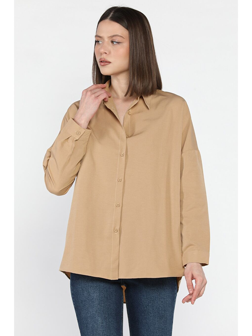Bej Kadın Uzun Kol Basic Gömlek-1