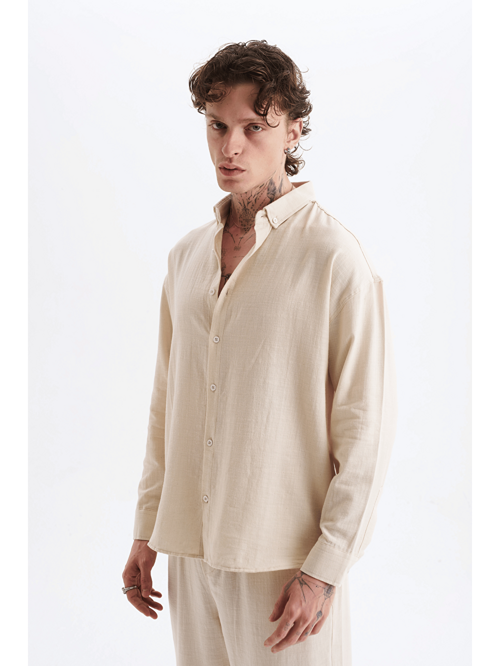 Erkek %100 Pamuklu Keten Görünümlü Pantolon Gömlek Takım Bej-1