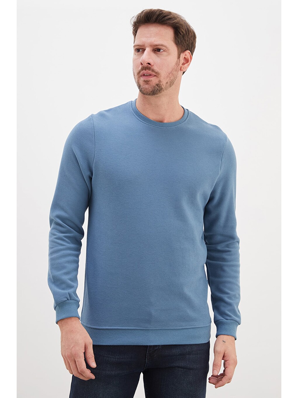Mavi Fitilli Bisiklet Yaka Selanik Örgü Sweatshirt-1