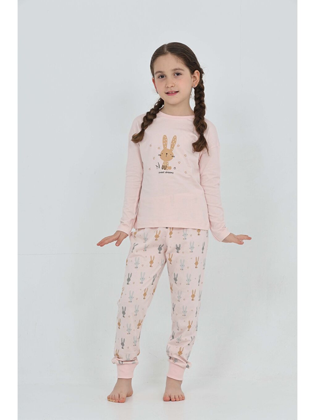 Pembe Kız Çocuk Tavşan Baskılı Pijama Takım-4