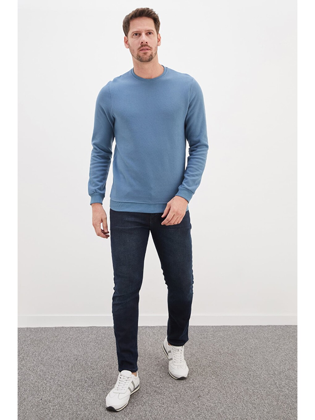 Mavi Fitilli Bisiklet Yaka Selanik Örgü Sweatshirt-2
