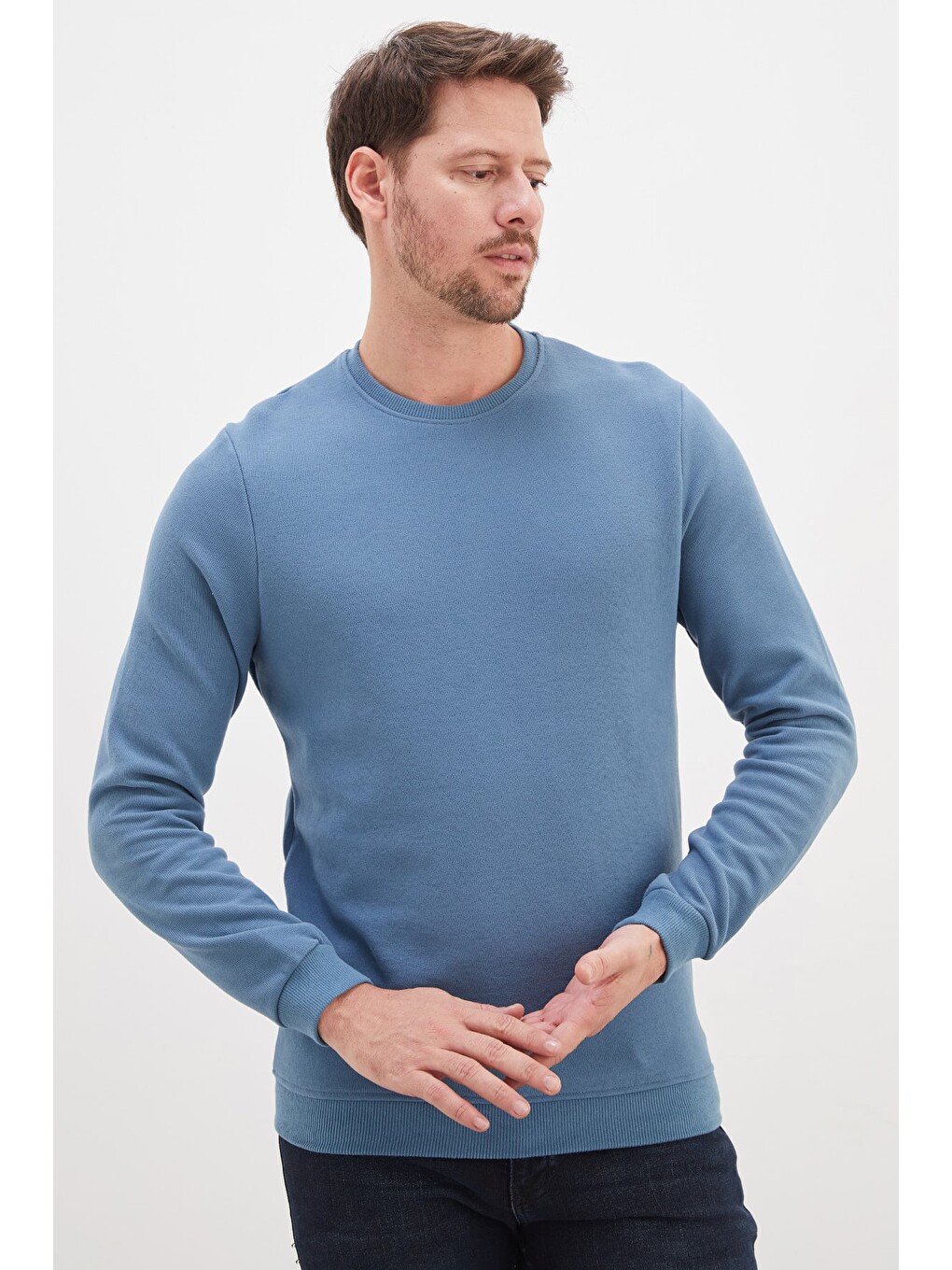 Mavi Fitilli Bisiklet Yaka Selanik Örgü Sweatshirt-3