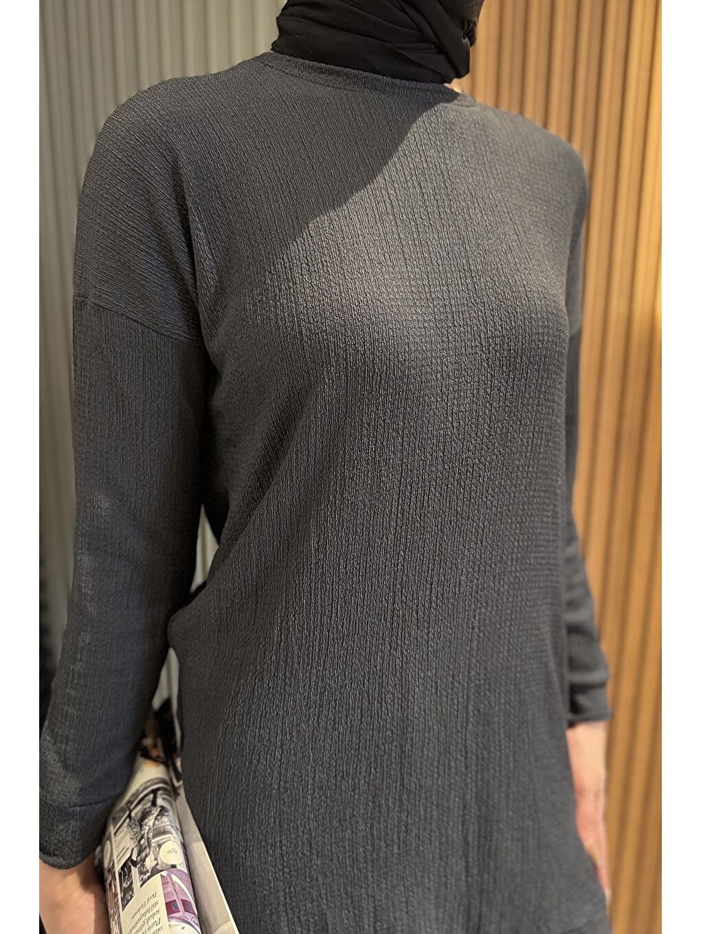 Antrasit Kadın Bisiklet Yaka Yırtmaç Detaylı Bürümcük Tesettür Tunik-5