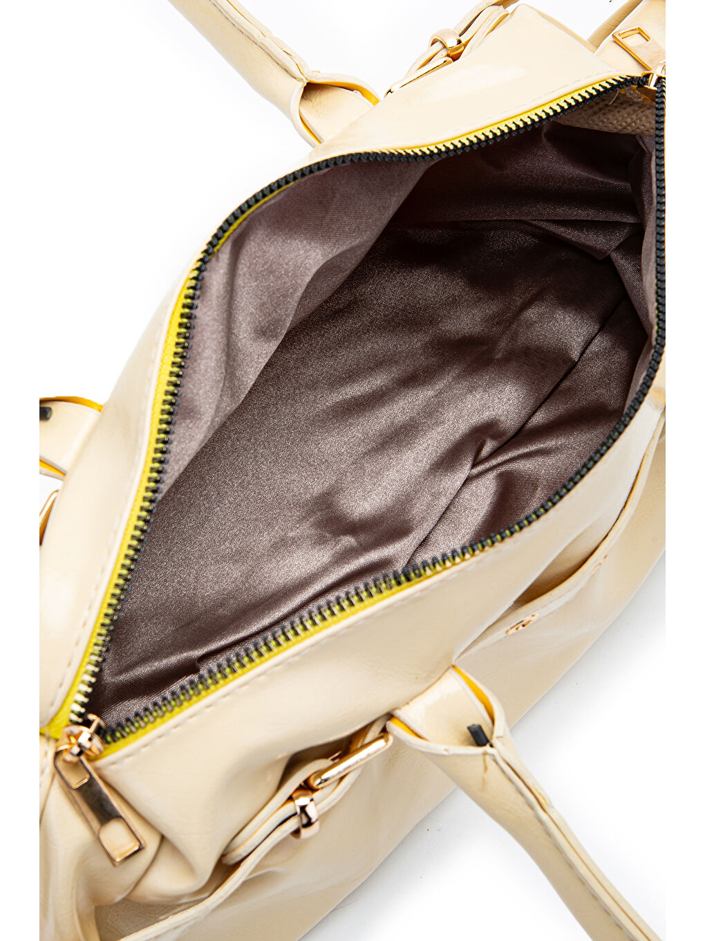 Kemer Detaylı Rugan Suni Deri Omuz Çanta Anfora Tereyağ Sarısı-3