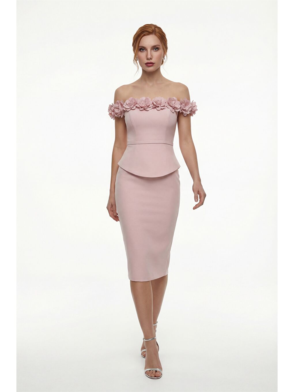 Pembe Kadın Pudra Kayık Yaka Çiçek Detaylı Midi Söz Nişan Nikah Abiye Elbise-1