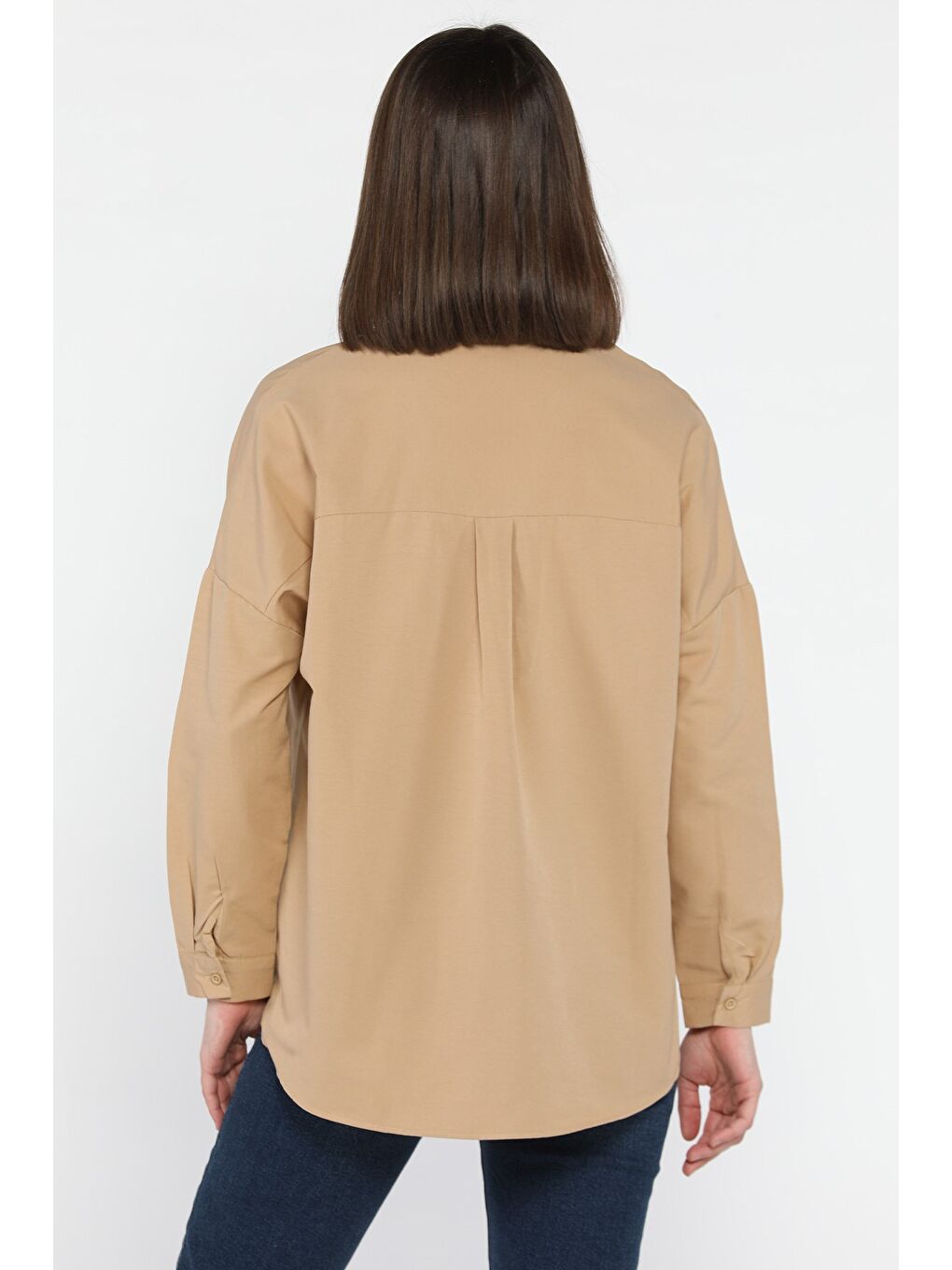 Bej Kadın Uzun Kol Basic Gömlek-2