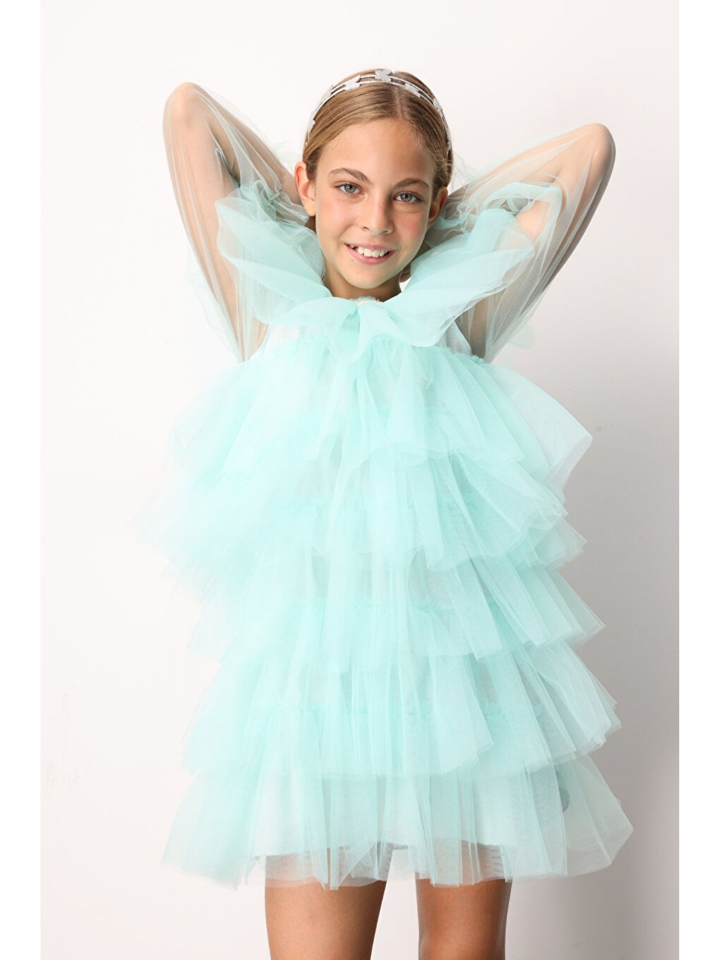 Yeşil Mint Kat Kat Kız Çocuk Tül Elbise - Laura-2