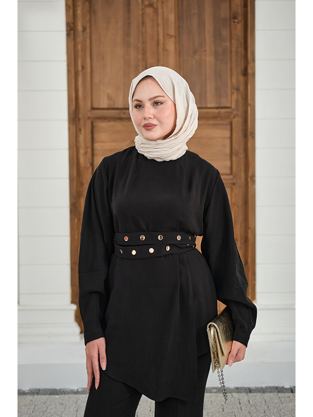 Kadın Gold Çıtçıt Kemerli Pantolonlu Takım Siyah-2