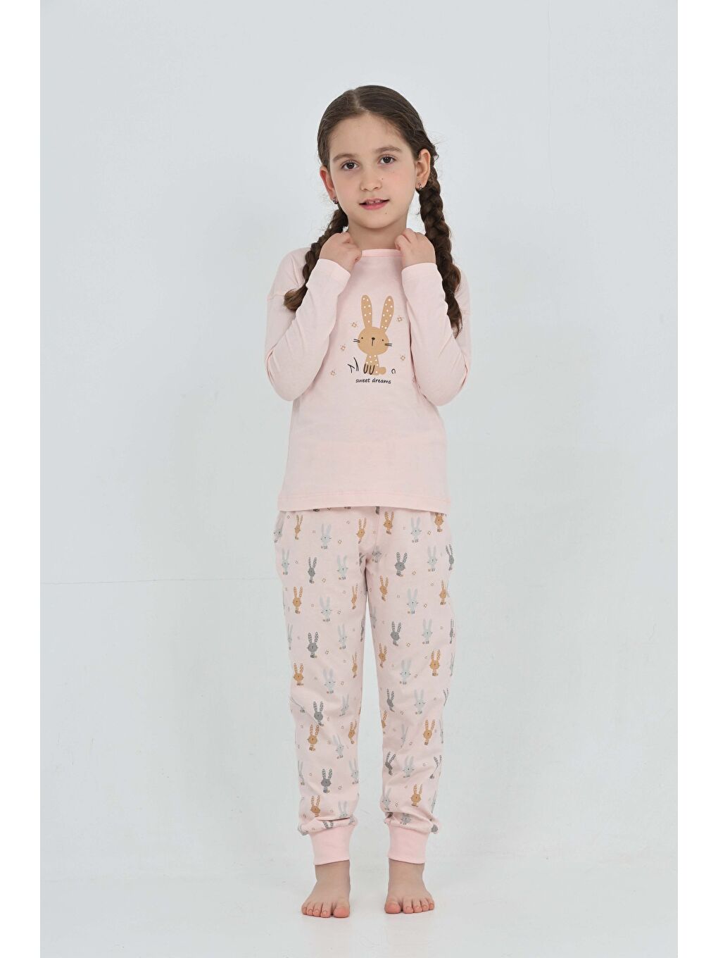 Pembe Kız Çocuk Tavşan Baskılı Pijama Takım-5