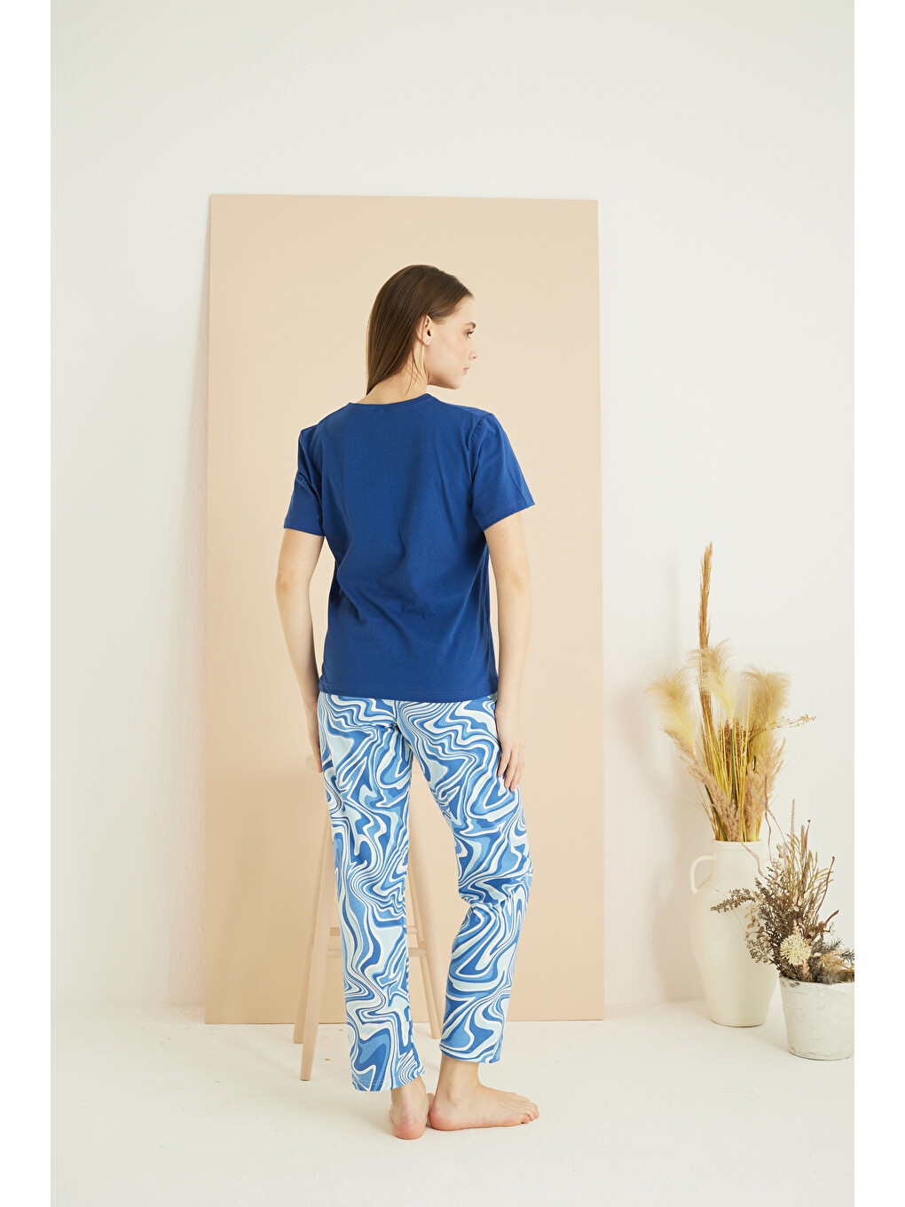 Mavi Desenli Pamuklu Bisiklet Yaka Örme Pijama Takım25103233-2