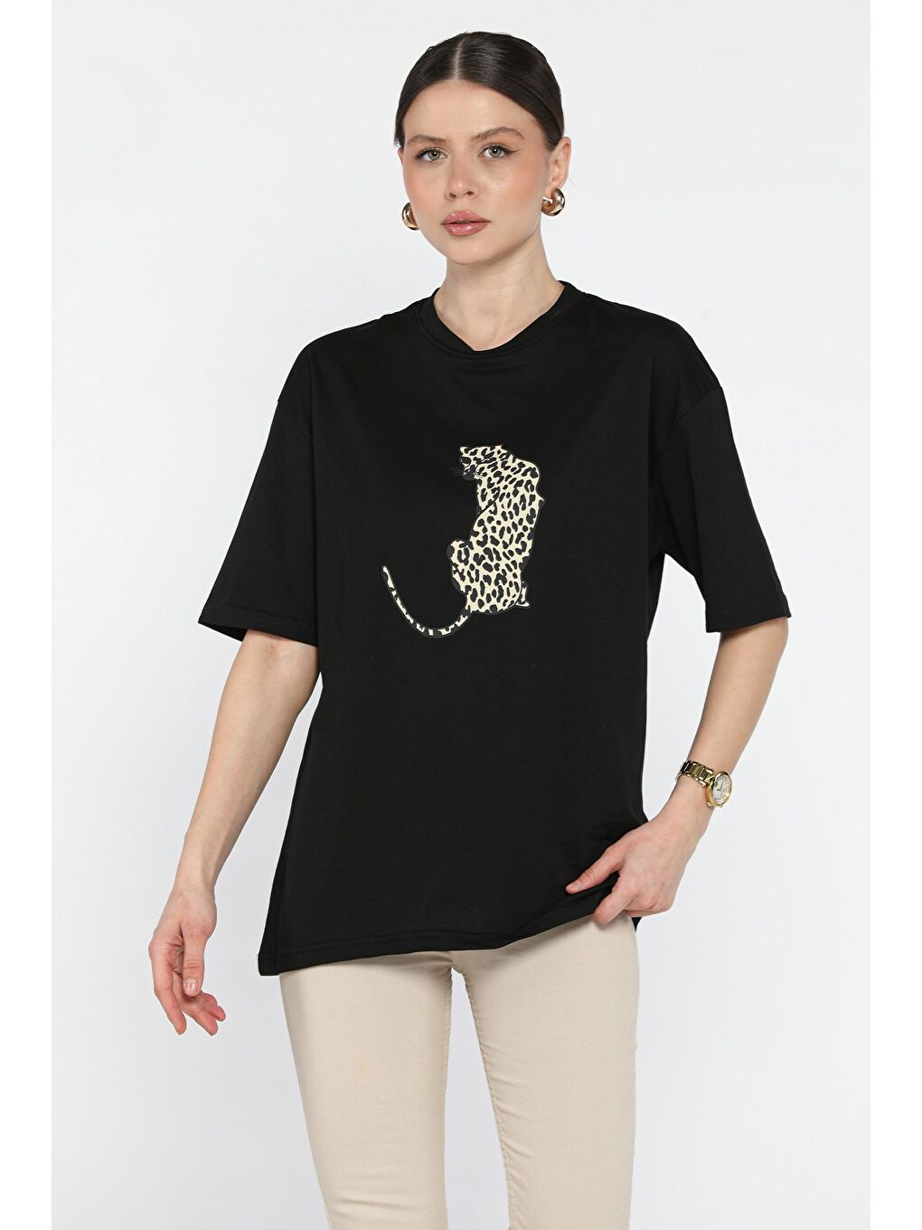 Siyah Kadın Bisiklet Yaka Ön Baskılı Tişört