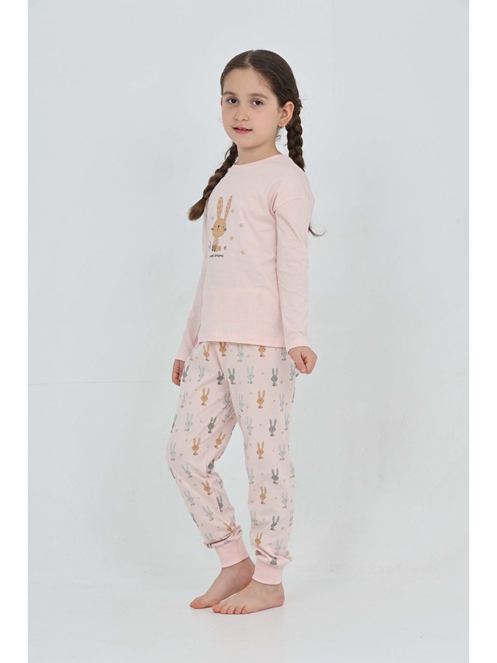 Pembe Kız Çocuk Tavşan Baskılı Pijama Takım-6