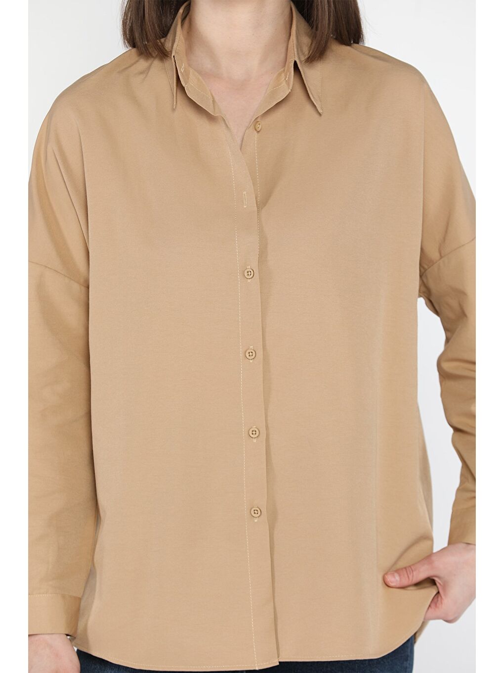 Bej Kadın Uzun Kol Basic Gömlek-3