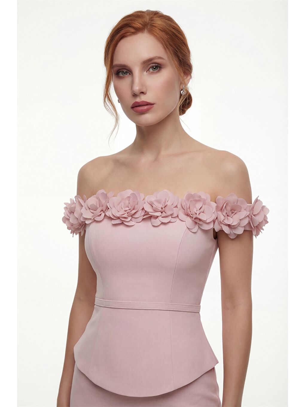 Pembe Kadın Pudra Kayık Yaka Çiçek Detaylı Midi Söz Nişan Nikah Abiye Elbise-2