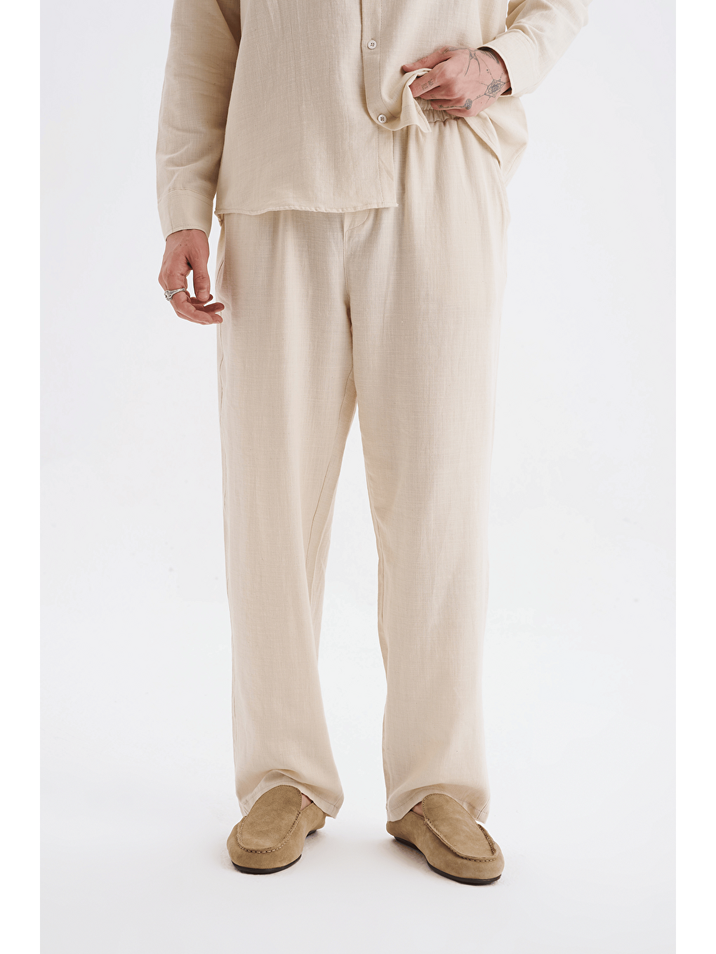 Erkek %100 Pamuklu Keten Görünümlü Pantolon Gömlek Takım Bej-2