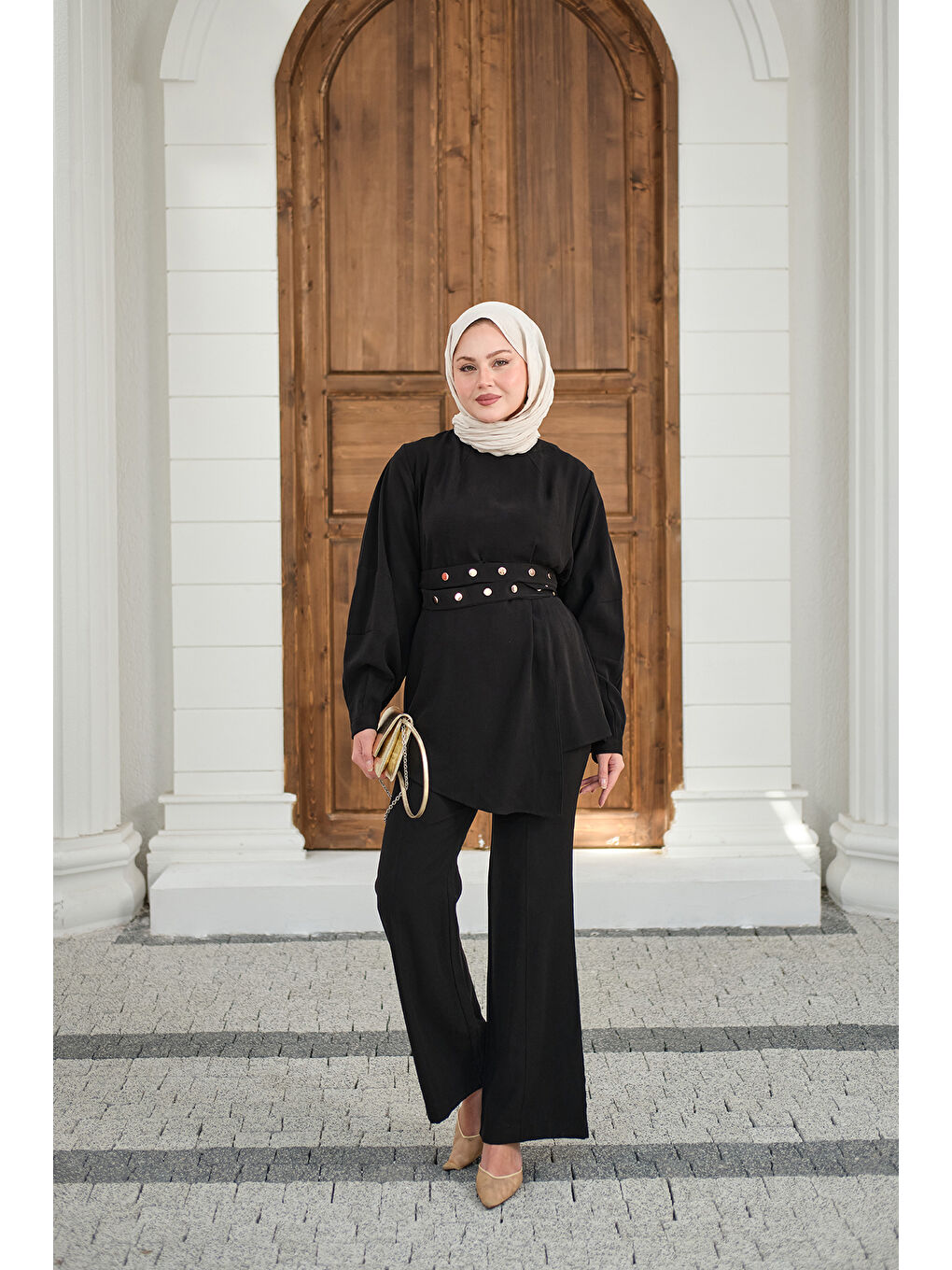 Kadın Gold Çıtçıt Kemerli Pantolonlu Takım Siyah-3