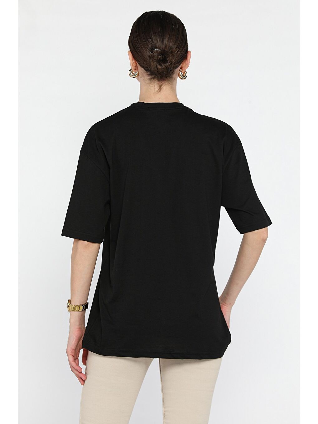 Siyah Kadın Bisiklet Yaka Ön Baskılı Tişört-2