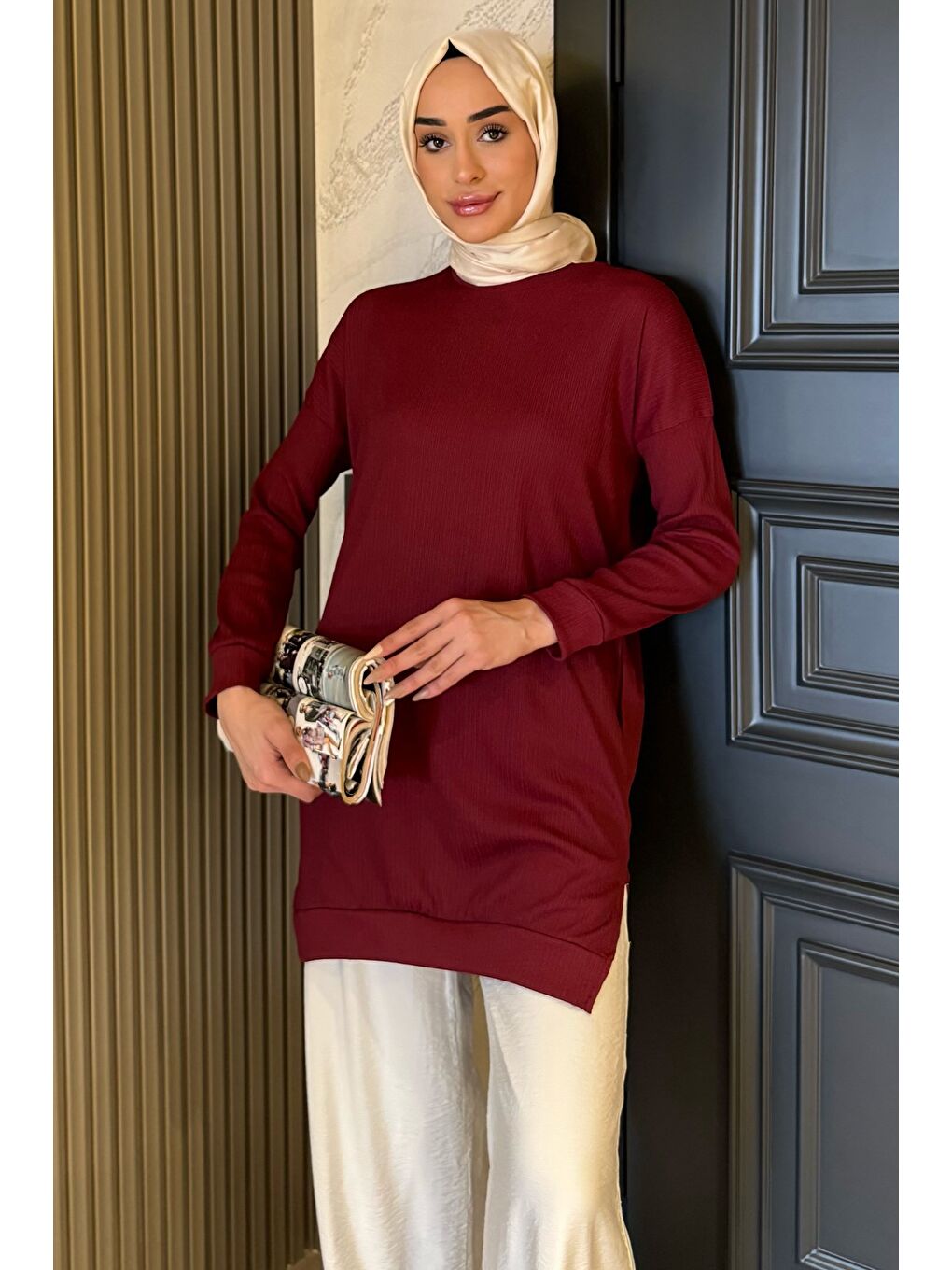 Bordo Kadın Bisiklet Yaka Yırtmaç Detaylı Bürümcük Tesettür Tunik-2