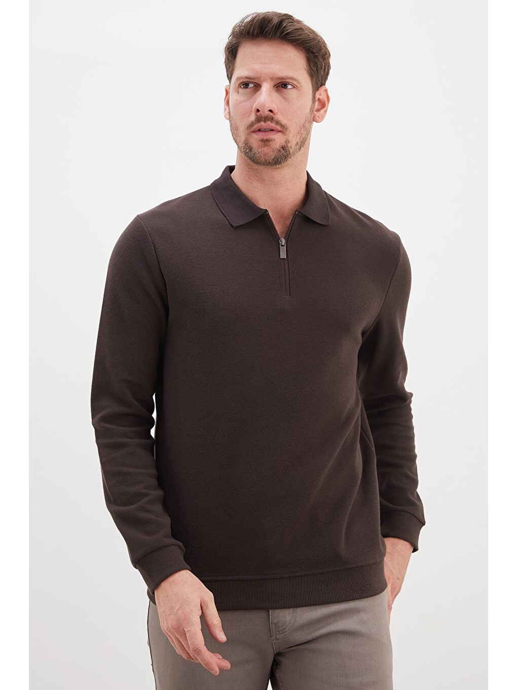Kahverengi Fitilli Polo Yaka Yarım Fermuarlı Selanik Örme Sweatshirt