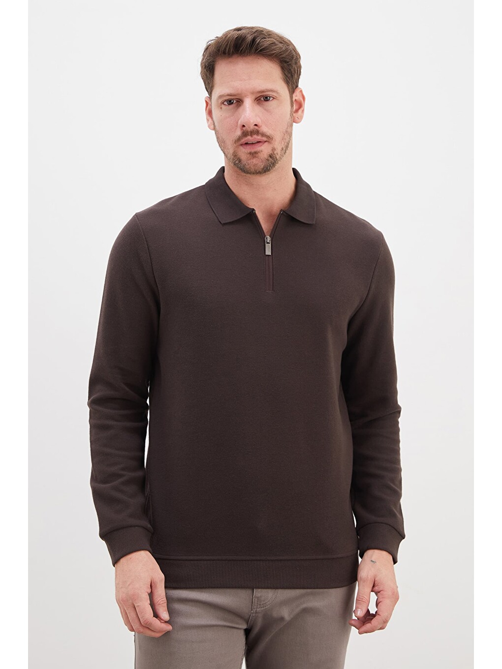 Kahverengi Fitilli Polo Yaka Yarım Fermuarlı Selanik Örme Sweatshirt-1