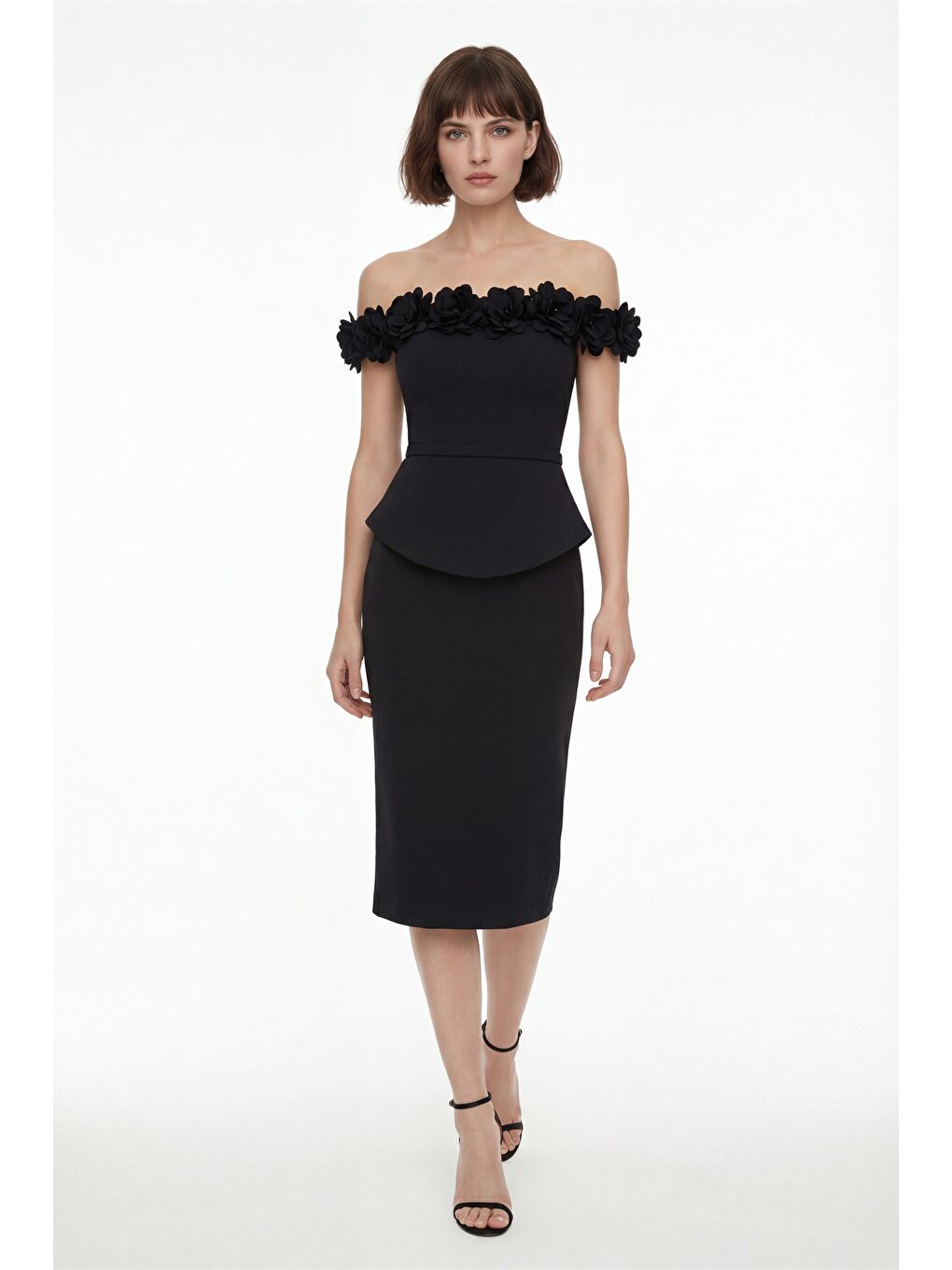 Kadın Siyah Kayık Yaka Çiçek Detaylı Midi Söz Nişan Nikah Abiye Elbise-1