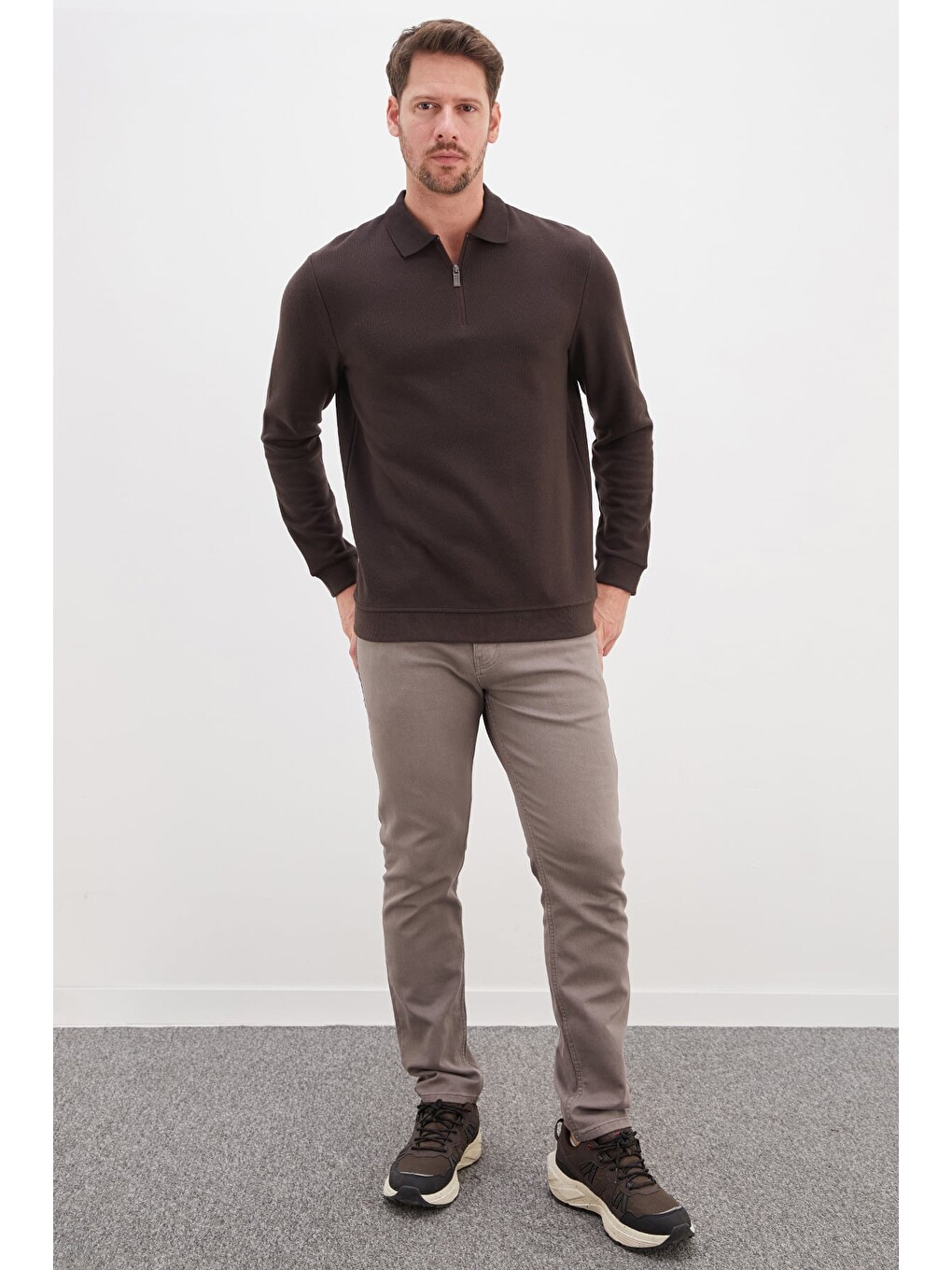 Kahverengi Fitilli Polo Yaka Yarım Fermuarlı Selanik Örme Sweatshirt-2