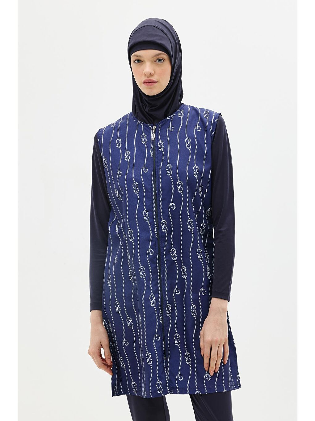Paraşüt Kumaş Fermuarlı 4'Lü Tesettür Mayo 1316 Koyu Lacivert-9